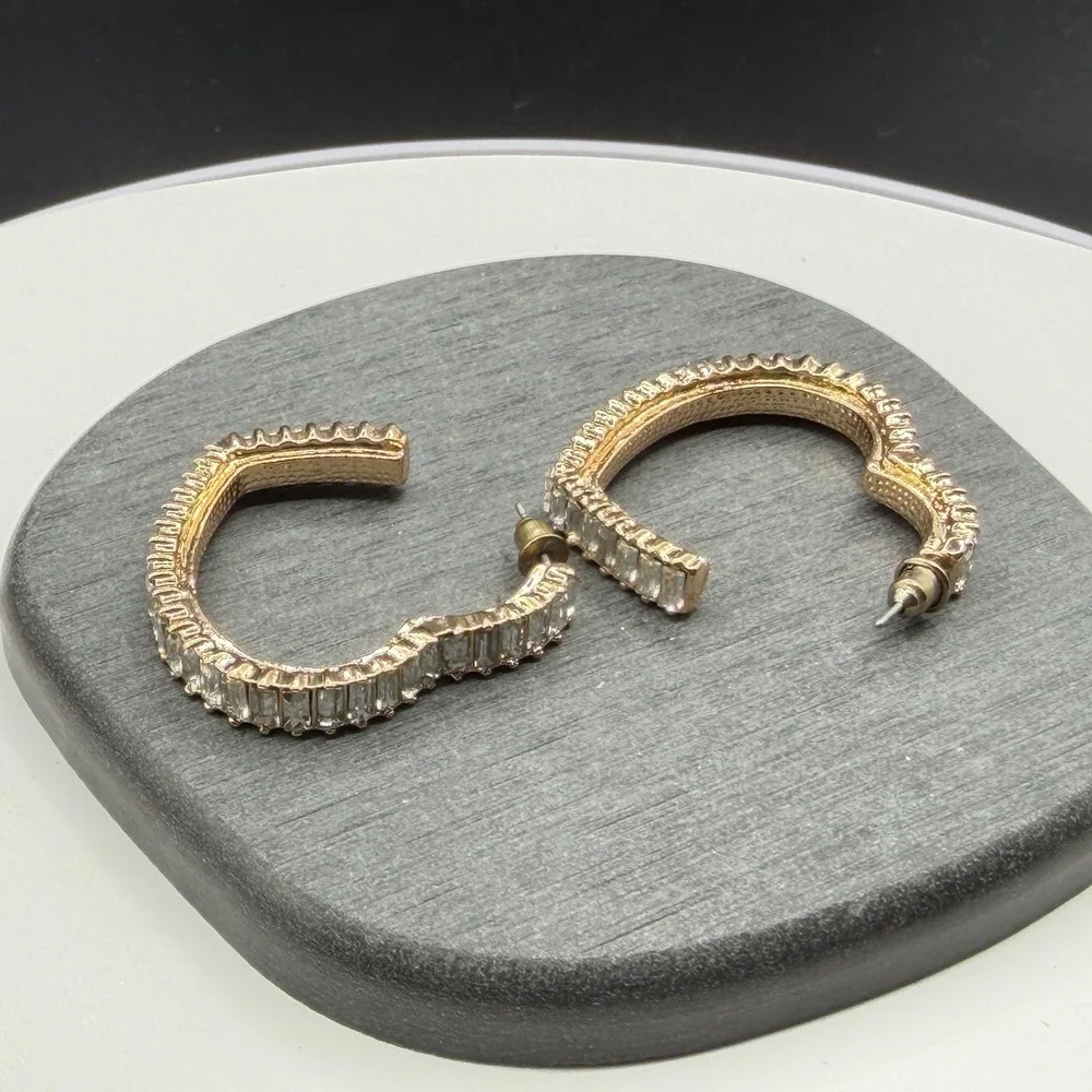 Gold Tone Crystal Baguette Heart Hoop Earrings Statement Romantic Gift for Her